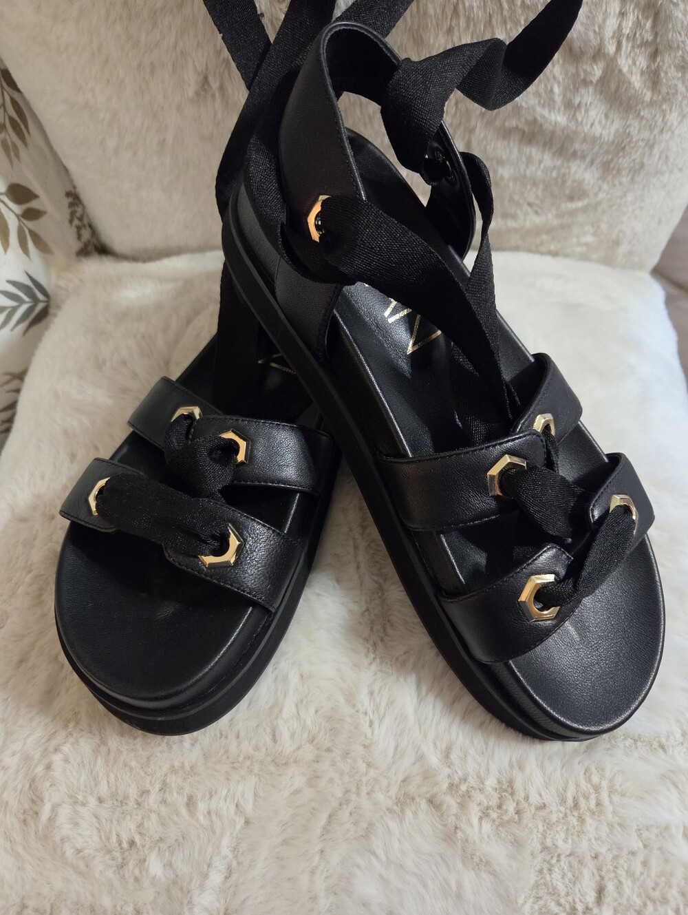Sleek Black Deltan Leather Platform Lace-Up Gladiator Sandals.  Women's Sz 7 1/2